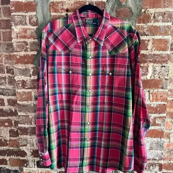 RARE VTG Polo Ralph Lauren Pink Plaid Men's Diamond Pearl Snap Shirt XXL 27x32 - Picture 2 of 6